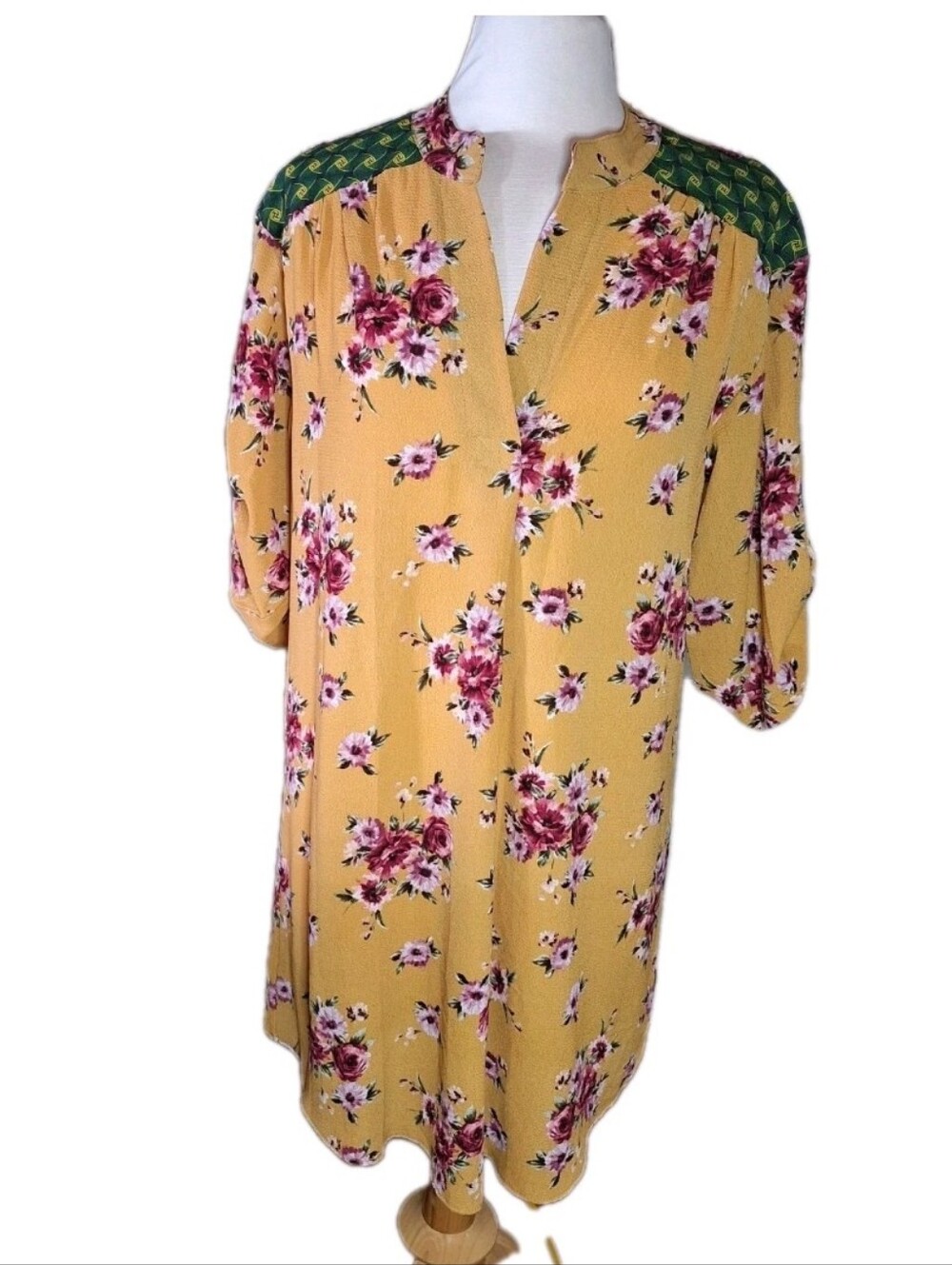 Kindom Dress Mandarin Yellow Floral Shoulder Patchwork Size Small Relaxed Fit